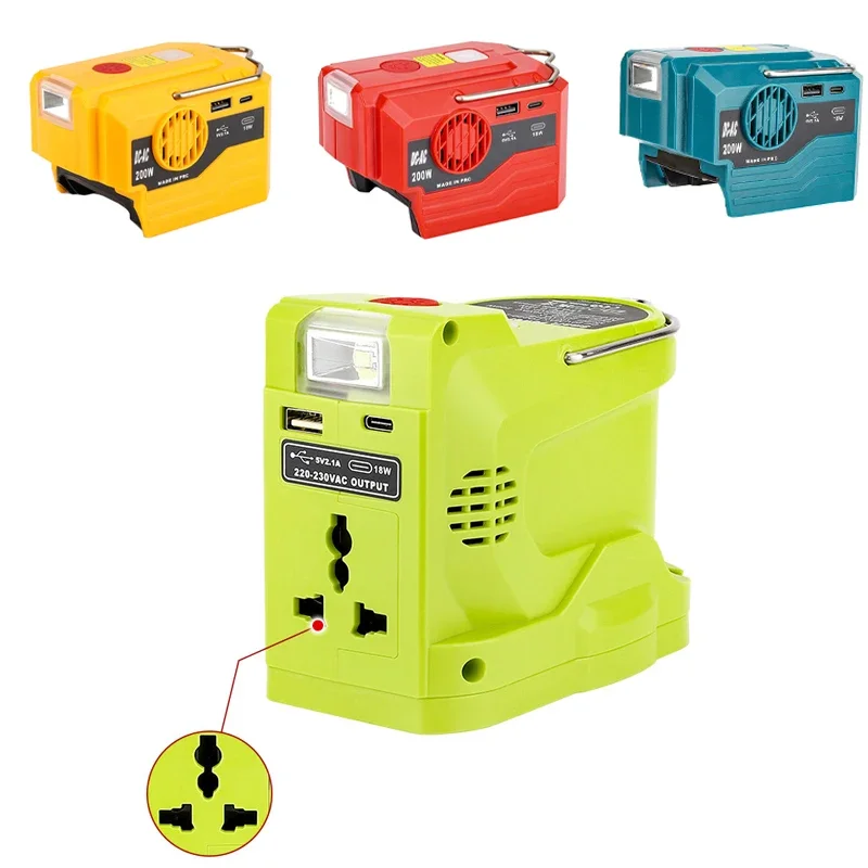 200W Portable Power Inverter Outdoor Mobile For Makita/DeWalt/Milwaukee/Bosch/Ryobi 18V 20V Battery With LED Light AC USB Type-C