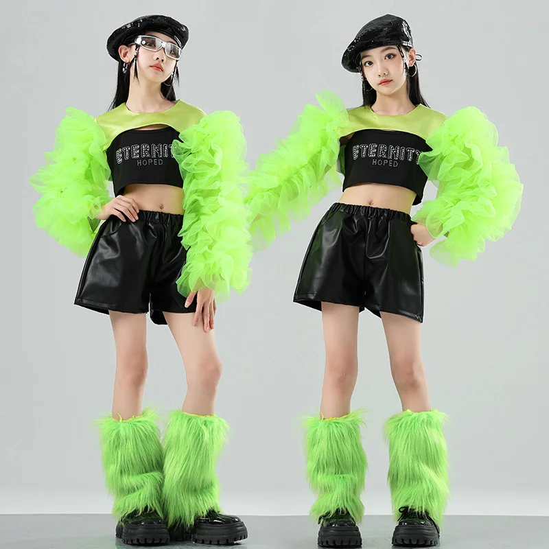 Traje de baile de Jazz para niños, conjunto verde de fruta dopamina con ombligo expuesto, disfraz de baile callejero de JAZZ para espectáculo de pasarela