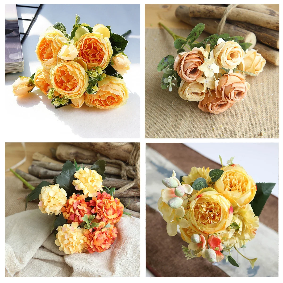 1 Bouquet yellow Artificial Flowers Peony Tea Rose Autumn Silk Fake Flowers for DIY Living Room Home Garden Wedding Decoration