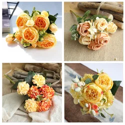 1 Bouquet yellow Artificial Flowers Peony Tea Rose Autumn Silk Fake Flowers for DIY Living Room Home Garden Wedding Decoration