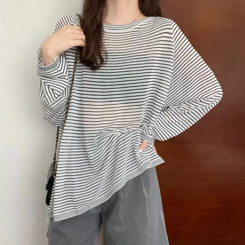 

Summer Korean Commute Midi Sunscreen Clothing Poncho Women's Thin Long Sleeve T-shirts Striped All-match Loose Round Neck Tops