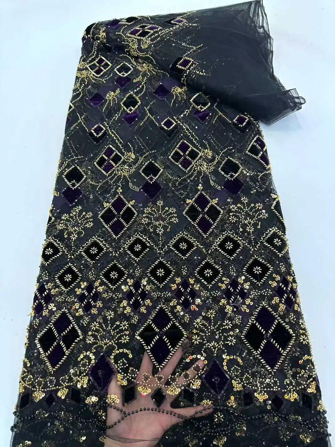 Latest African Sequins Lace Fabric 2026 High Quality Lace Embroidery Beaded Mesh Fabric 5 Yards For Women Wedding Party Dress