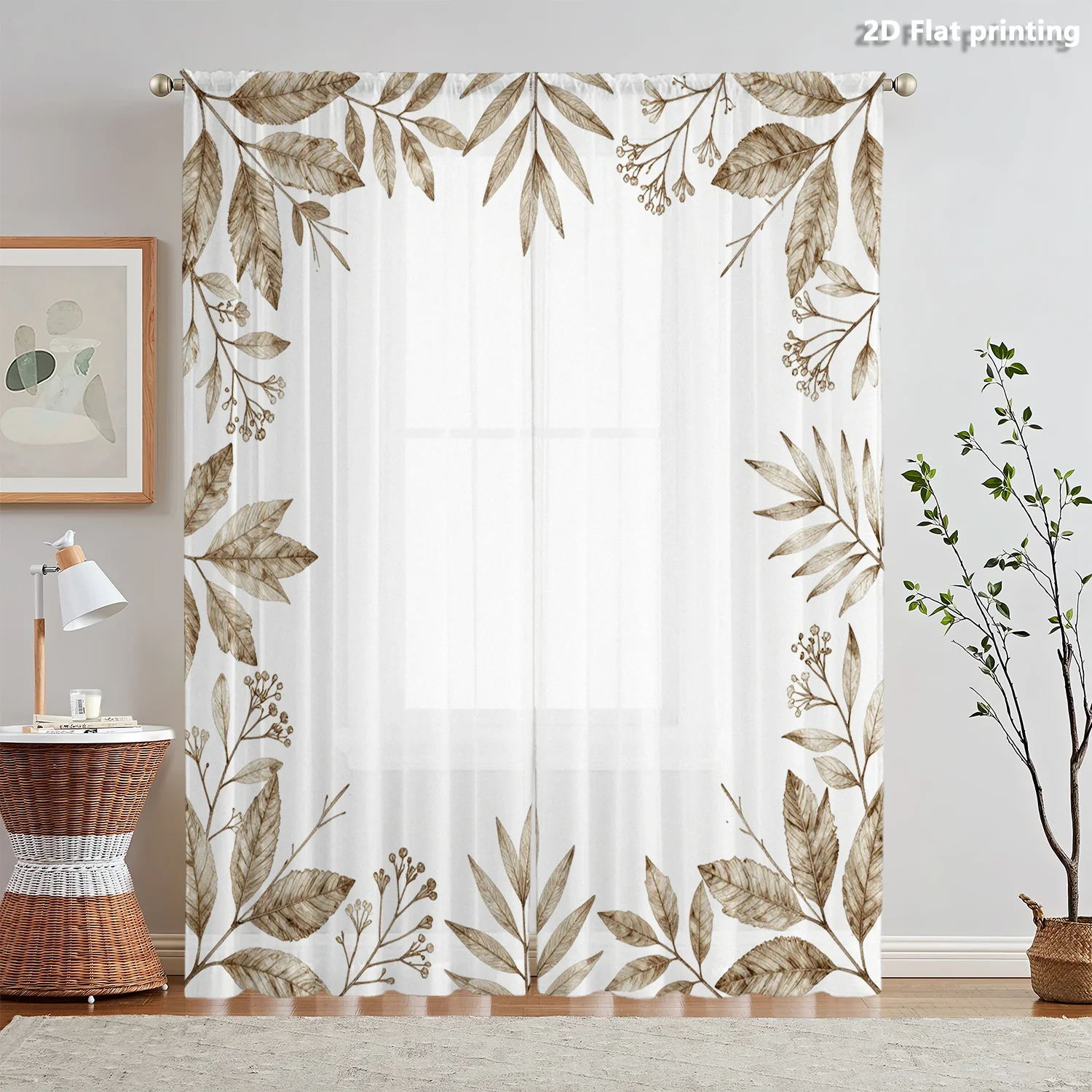 

2D FLAT 2pcs Sheer Curtains Leaf Pattern Border Design Print Rod Pocket Window Drapes, Filtering Panels for Bedroom Living Room,