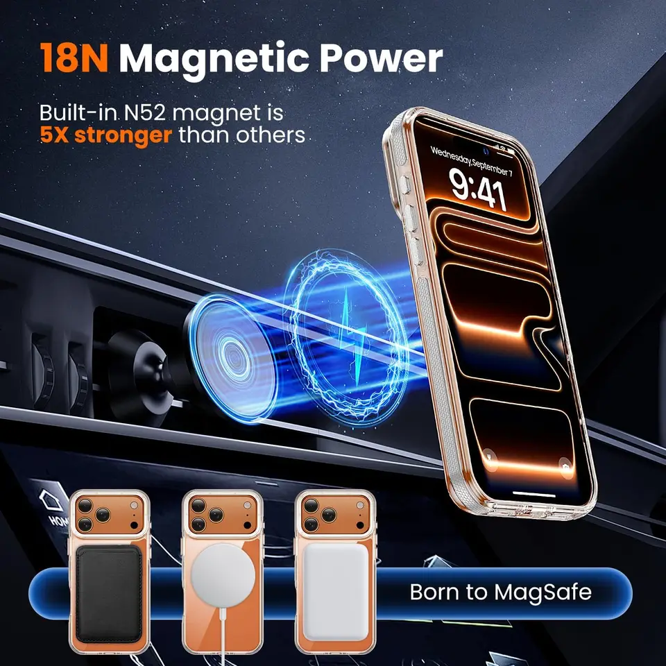 Funda transparente magnética para iPhone 17 16 15 14 13 12 11 Pro Max Plus 17e 16e, compatible con Magsafe, delgada y anti amarillamiento 5