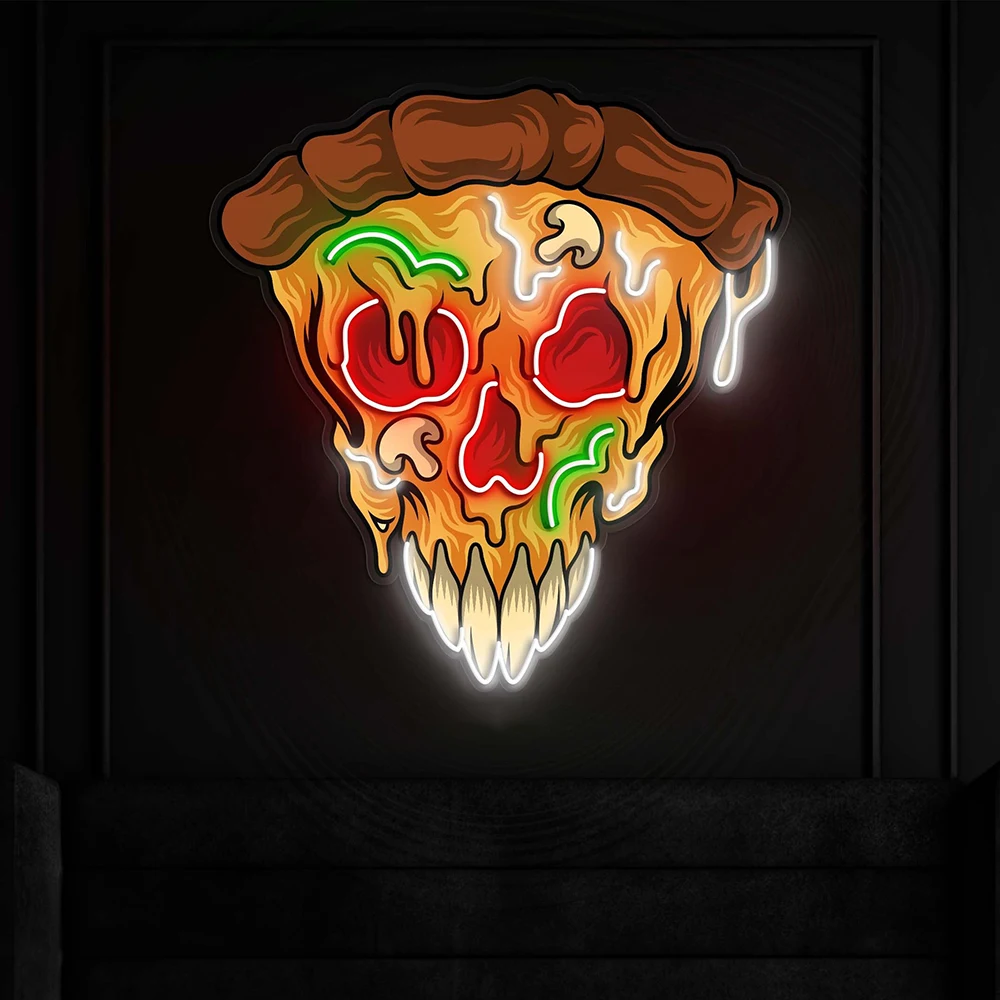 Skull Pizza Slice LED Light Pizza Shop Fast Food Store Wall Decor Custom Neon Signs Restaurant Kitchen Wall Art Decorations