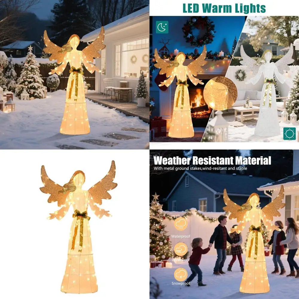 زينة عيد الميلاد الملاك اللامعة ثلاثية الأبعاد المضاءة مسبقًا، بطول 5 أقدام مع فيونكة وأجنحة قابلة للطي للاستخدام الخارجي أو الداخلي #1