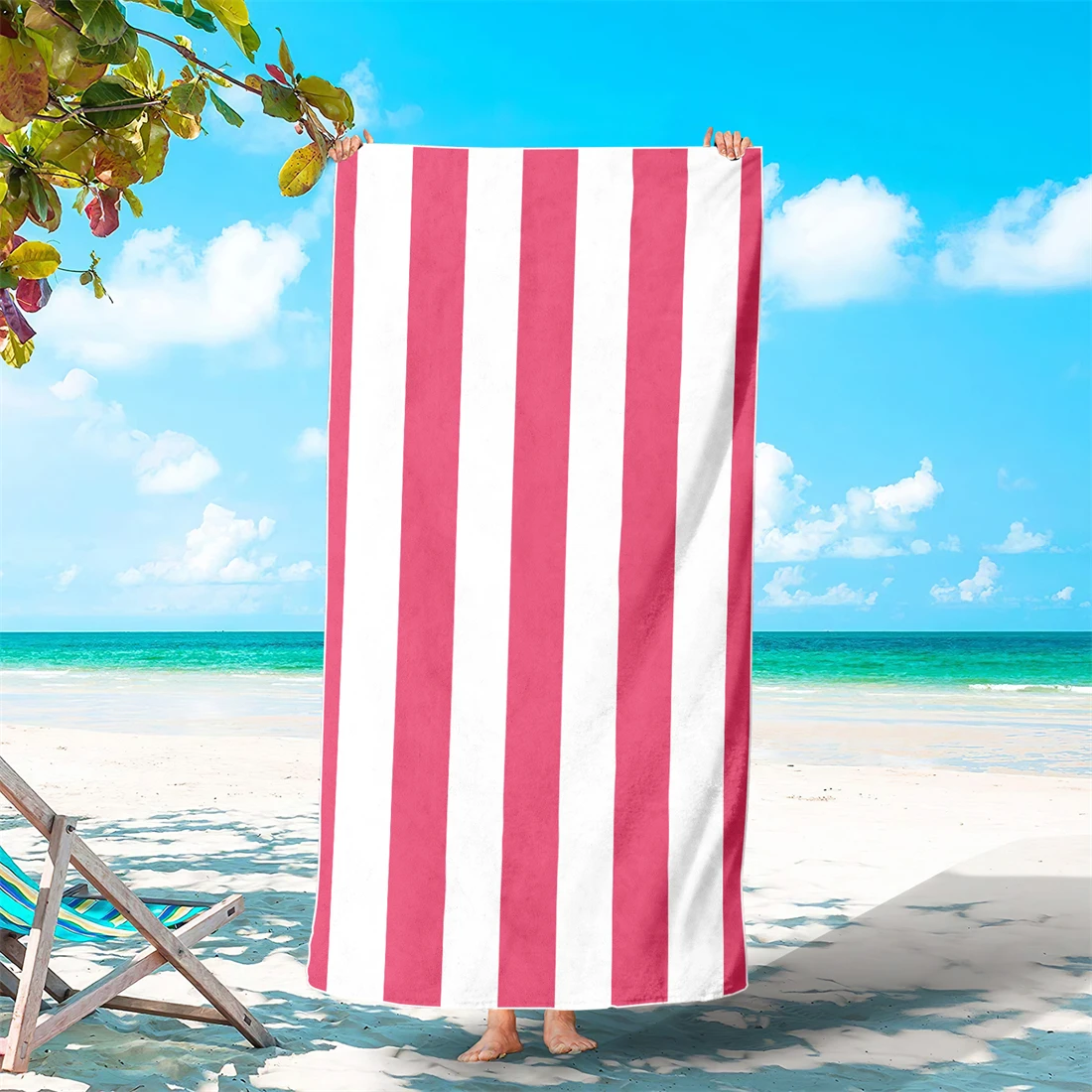 

1/2Pcs (31in/35in)&(63in/71in) Beach Towel, Retro Pink & White Vertical Striped, Summer Poolside Striped Towel, Oversized