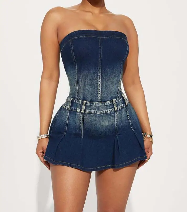 

2026 Summer New Y2K Trendy Street Style Dark Simple Waist Waist and Bareback Women's Strapless Cowboy Jumpsuit Skirt Pants