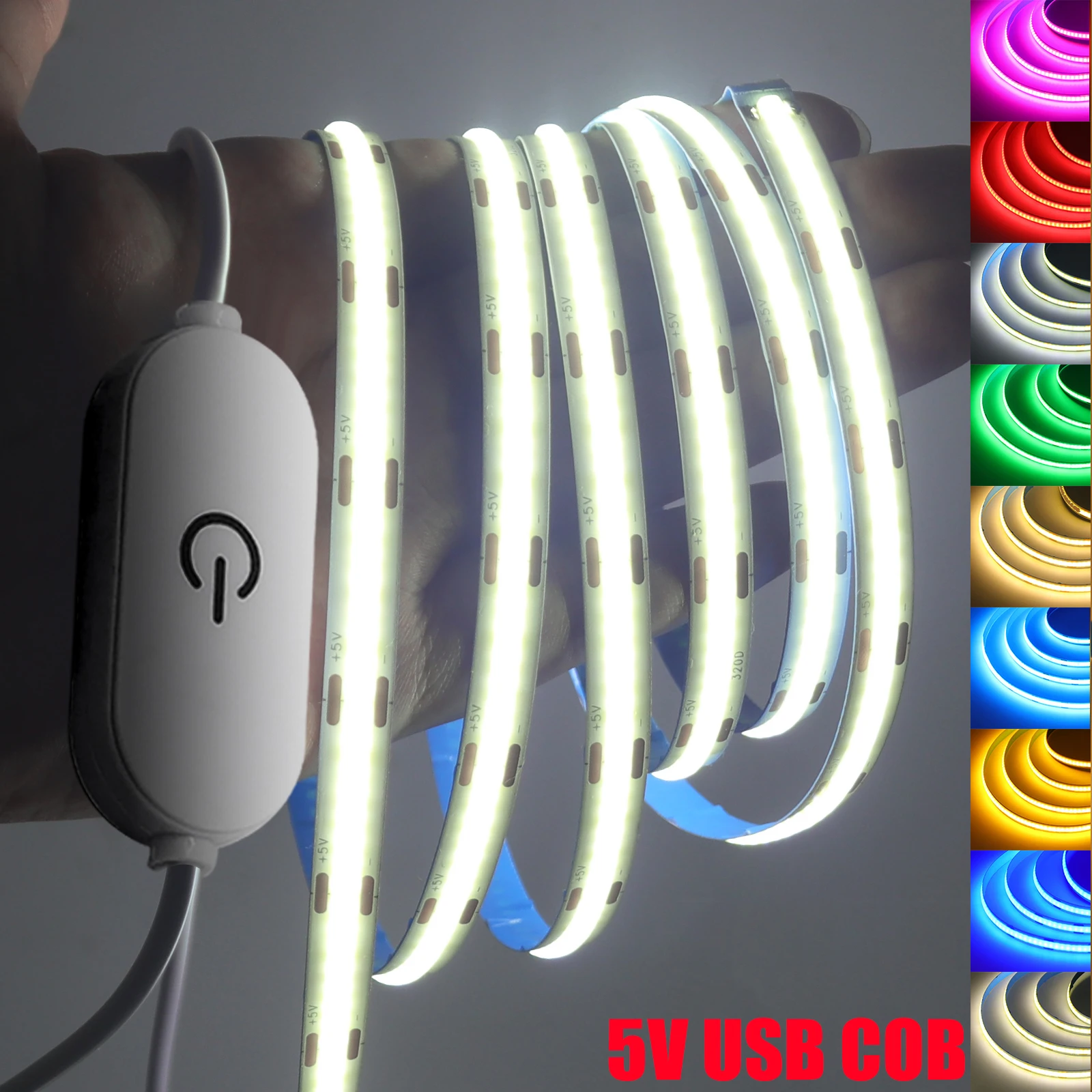 Dimmable COB LED Strip Light 5V USB Flexible Tape Ribbon 8MM 320LEDs/M High Density Linear Lighting Rope Light Cabinet Backlight
