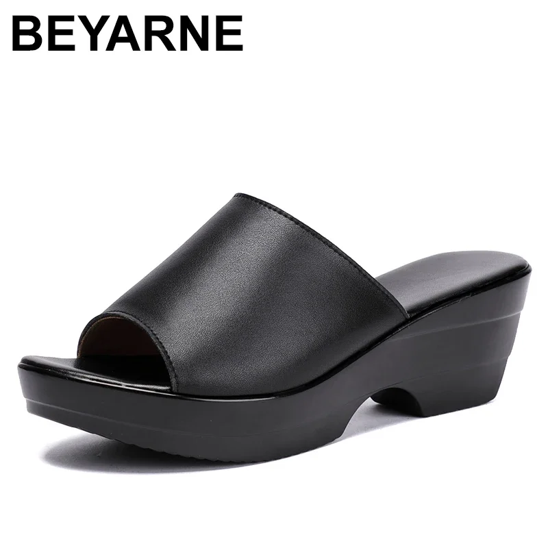 BEYARNE Summer Leather Slippers Getting High Heel Shoes Mother Wedge Large Size 41-Middle Ages 43 Slippers \