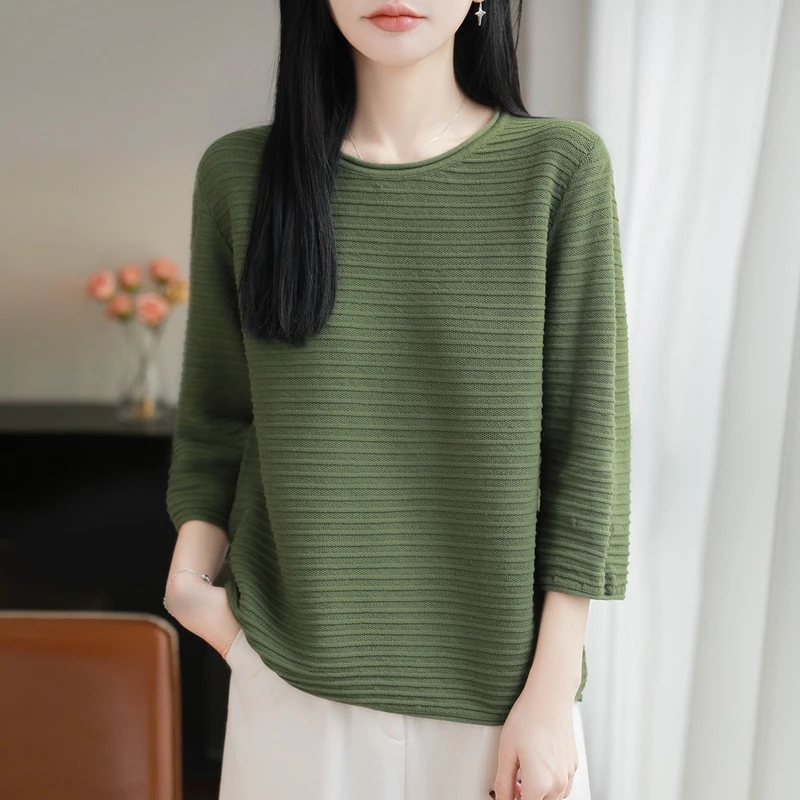 Knitted 100% cotton T-shirt for women, half sleeved base sweater, seven quarter sleeved low round neck summer new top