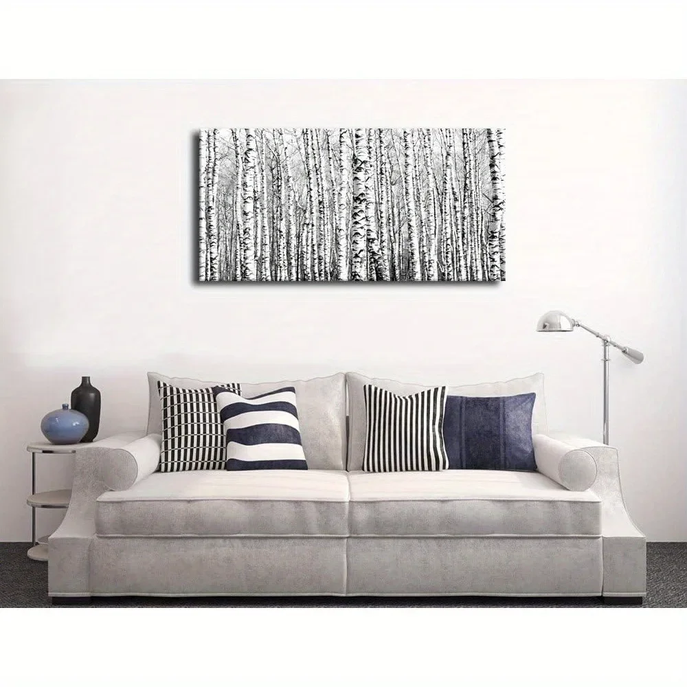 Framed large birch canvas wall art - modern black and white woodland scene, living room and home office fall style decor