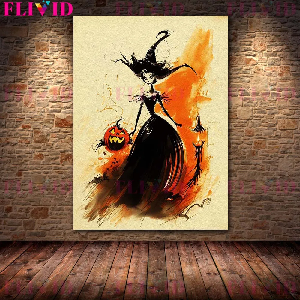 Pumpkin Witch Abstract Pencil Drawing Vintage Wall Art Canvas Print Dracula The Vampire And The Skeleton Baron Art Poster Print