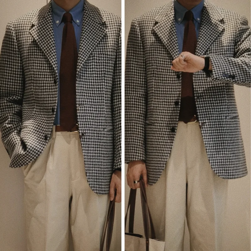 

Men's Classic Houndstooth Blazer Black White Plaid Wool Blend Jacket Thick Winter Formal Business Coat Easy to Match Versatile