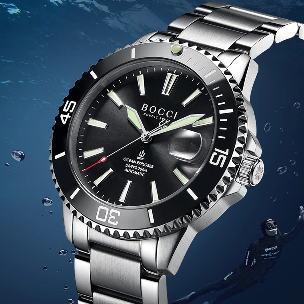 

Роскошные мужские автоматические механические часы BOCCI - водонепроницаемые зеленые часы для дайвера "Призрака" со светящимся циферблатом