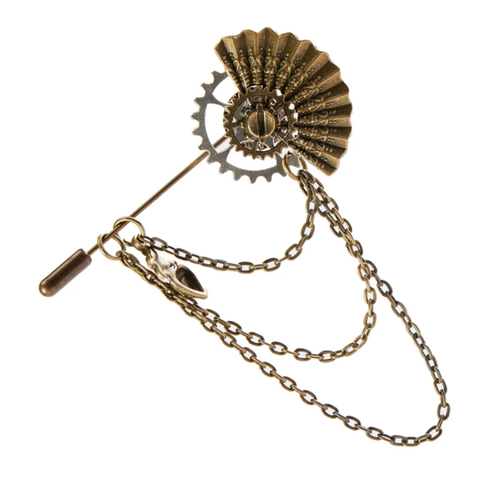 Steampunk Retro Folding Fan Gear Brooch Brass Used Chain Neck Pin Punk Style Shirt Suit Decoration Accessories