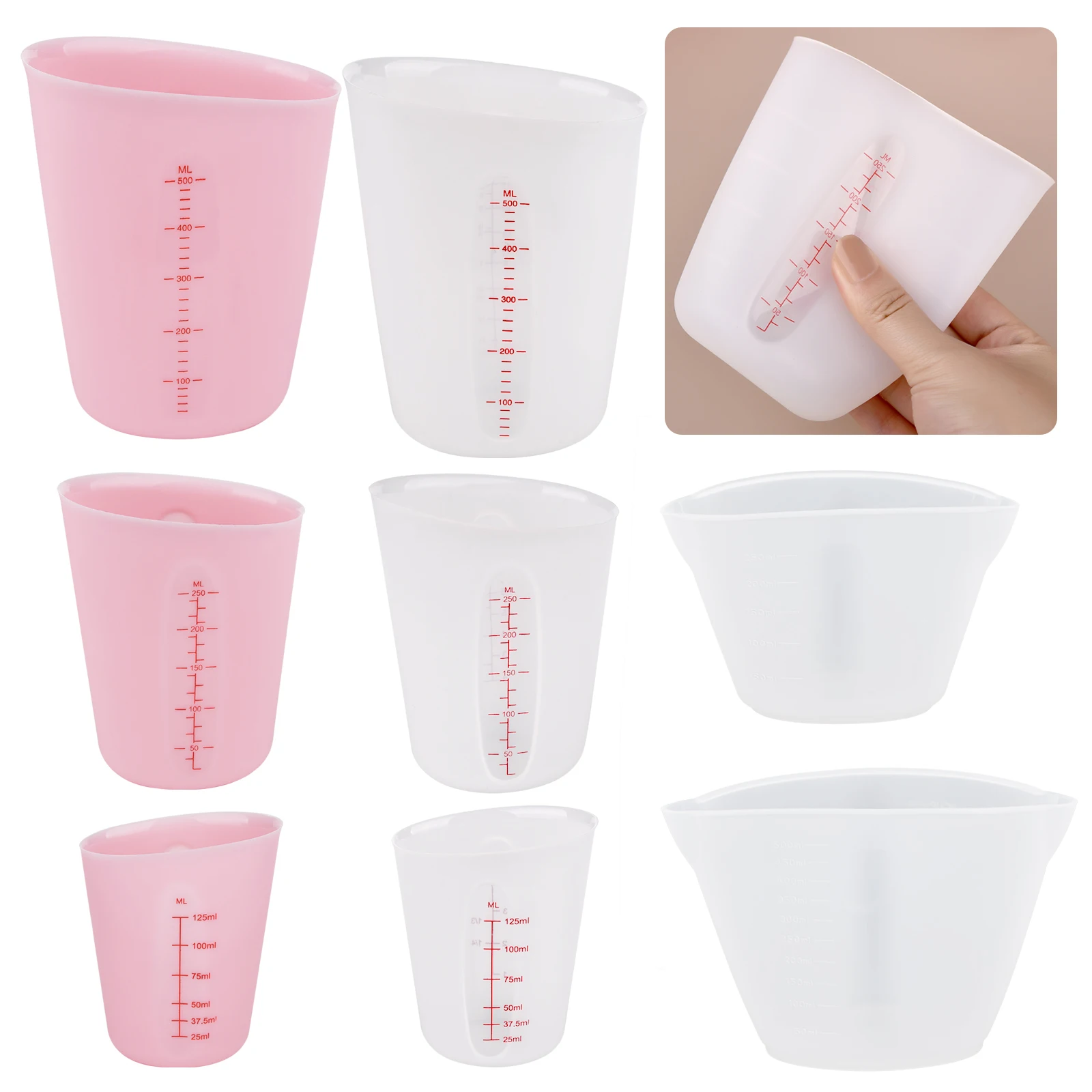 Taza medidora de silicona con escala, herramienta de fabricación de joyas de resina epoxi, yeso, manualidades, vaso graduado de silicona, 125/250/500ml