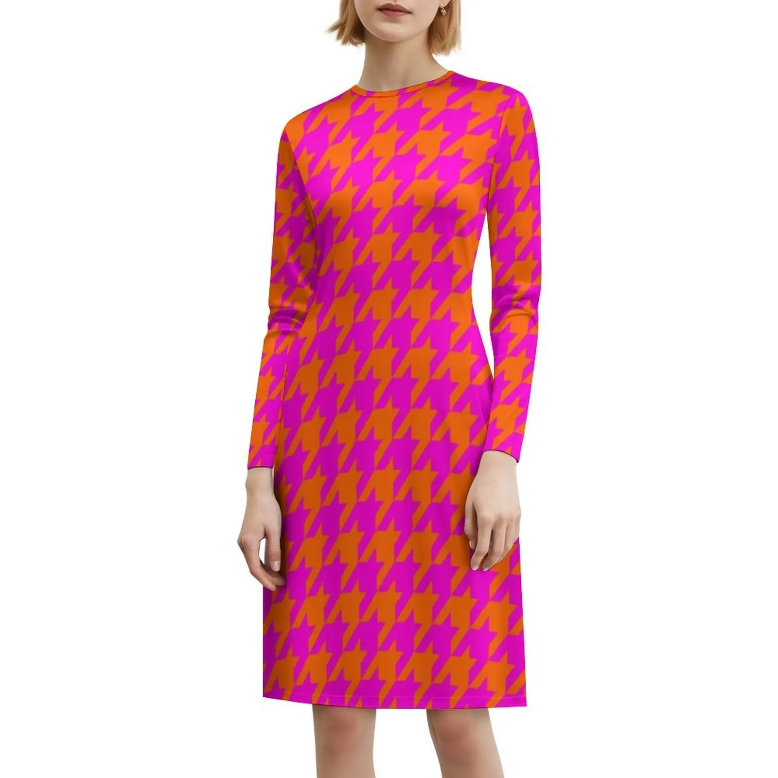 Rosa e laranja houndstooth estilo preppy mini vestido para mulher a linha solto ajuste casual vestido de dia grande houndstooth dogstooth rosa