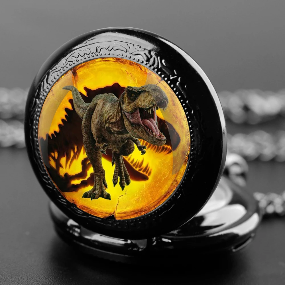 Dinosaur Glass Dome Quartz Pocket Watch With Durable Chain Arabic Numeral Dial Halloween Gifts for Men Women Kids