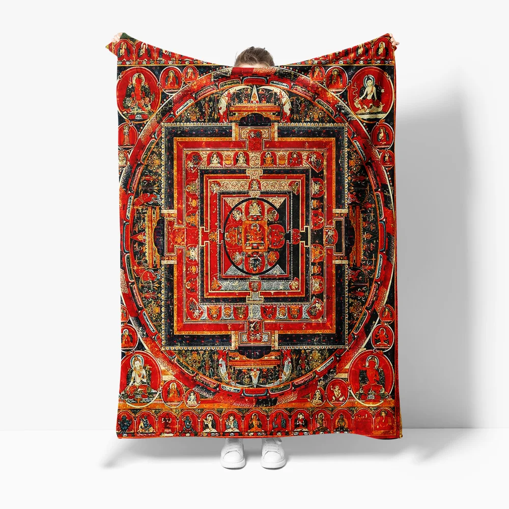 Buddha Mandala Blanket Red Tibetan Prayer Rug Cushion Cover Sofa Throw Blanket Bedspread Gift