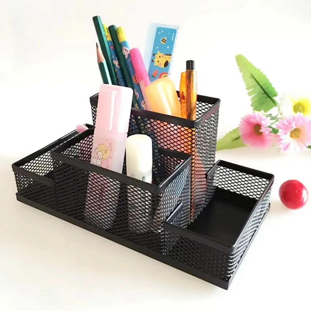 

Office Accessories Metal Pen Holder Mesh Design 3/4 Grid Pencil Storage Box Large Capacity Black Desk Stationery Organizer Gift