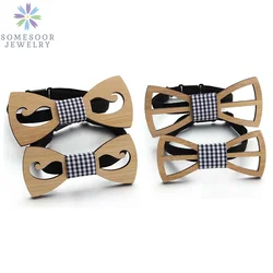 SOMESOOR Real Wooden Floral Bowtie Hollow Butterfly Beard Design Plaid Bowknot For Childs Boys Men Party Wearsuit Accessories
