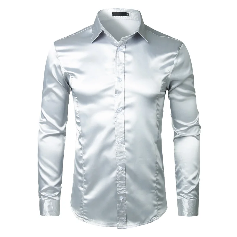 Silk Satin Shirt Men Autumn Long Sleeve Mens Dress Shirts Shiny Smooth Solid Color Camisa Masculina Slim Fit Mariage Chemise XXL