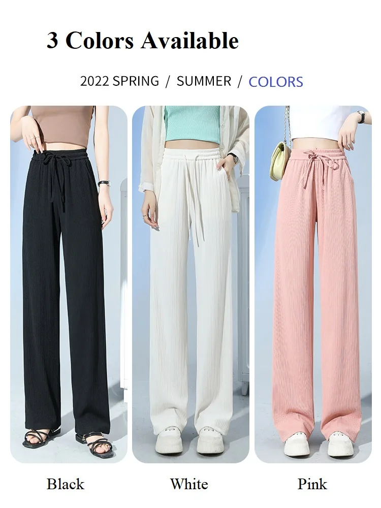 Women Straight Wide Leg Summer Pants Casual Pink Black White High Waist Ice Silk Slacks Y2K Harajuku Korean Fashion Trousers