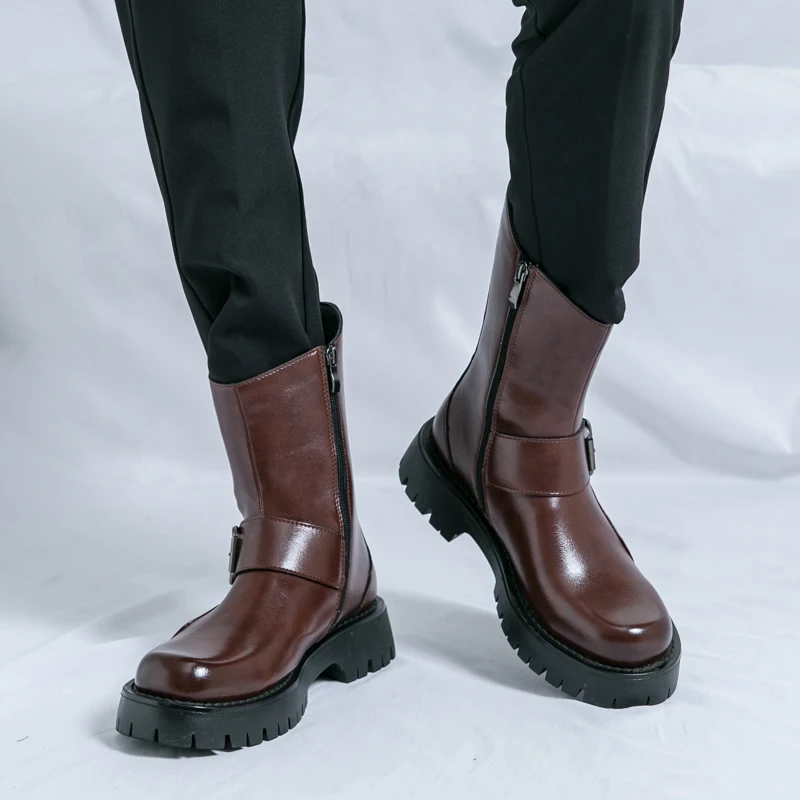 Sepatu Bot Pendek Maillard Retro Musim Gugur dan Musim Dingin Sol Tebal Penambah Tinggi Ritsleting Anti Selip Sepatu Bot Ksatria Kasual Modis