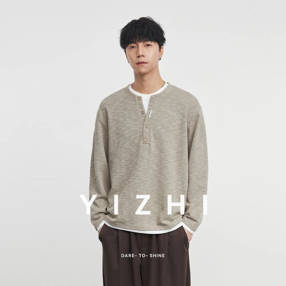

2025 Autumn and Winter Men's Fashion Retro Henry Collar Sweatshirt Men's Loose Casual Fake Two-Piece Pullover