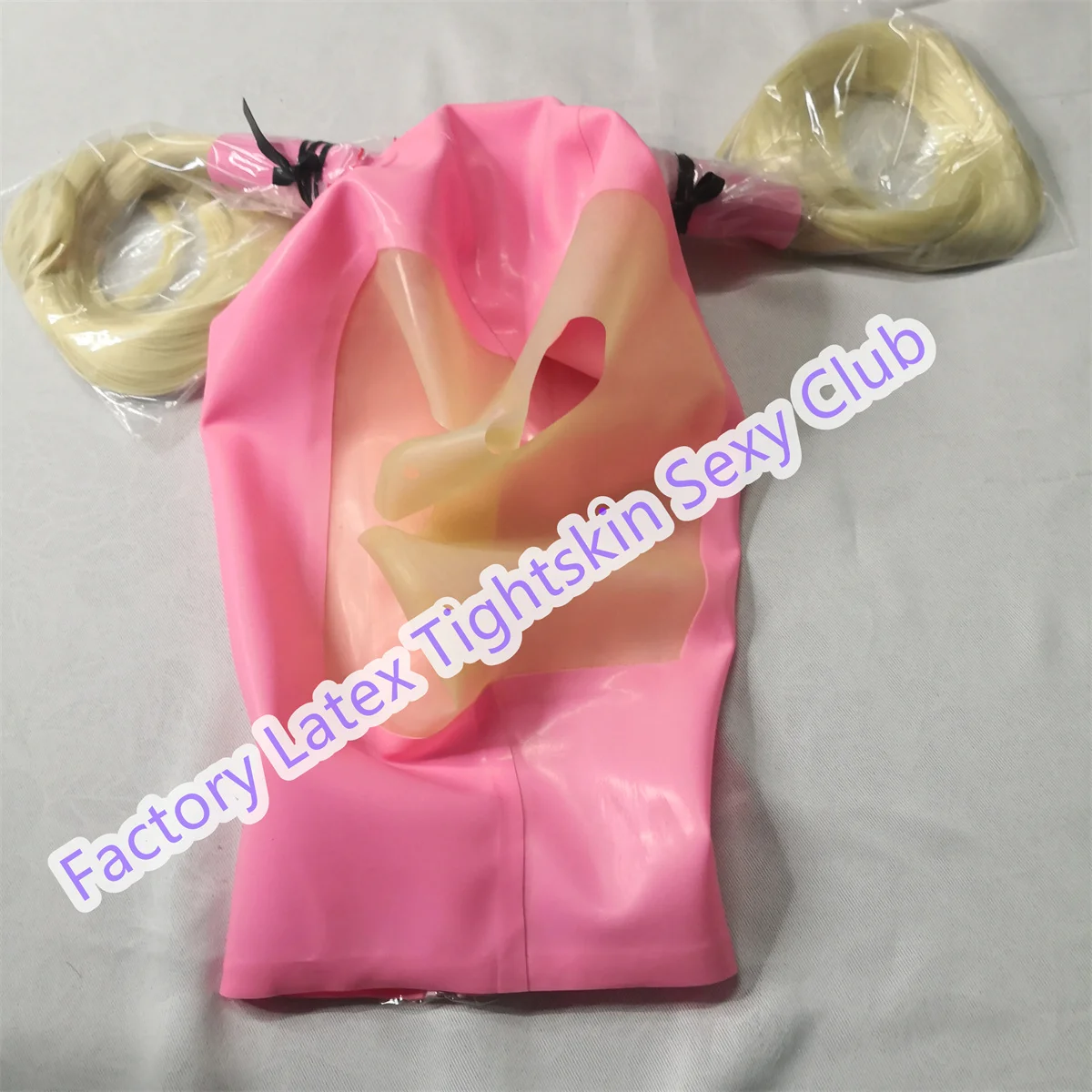 

Латексная маска розовая с прозрачной с 2 париками Фетиш Косплей Резиновый капюшон Индивидуальные костюмы для косплея XS-XXL