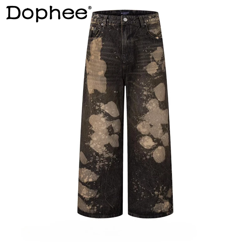 

Fashion Splashed Ink Graffiti Jeans Men's 2026 Spring Straight Wide-leg Denim Trousers Male Zipper Chic Personality Denim Pants
