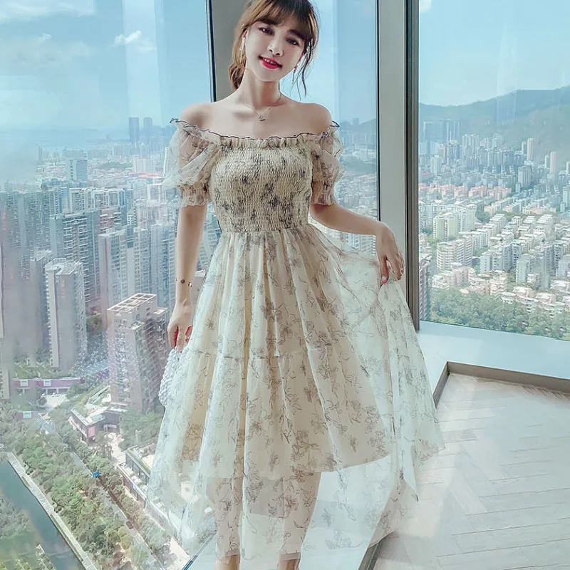 French High-grade Sweet Soft Style Mid-length Dress Women 2025 New Summer Floral Dress Fashionable Slim Printed Evening Dresses