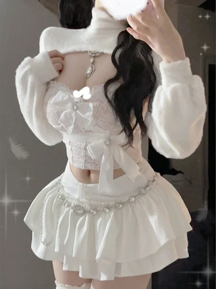 Vrouwen Grunge Pak Y2k Esthetische Crop Trui + Kant Sexy Strik Vest + Verstoorde Mini Taart Rokken Lolita Outfit Kawaii 3-delige Set