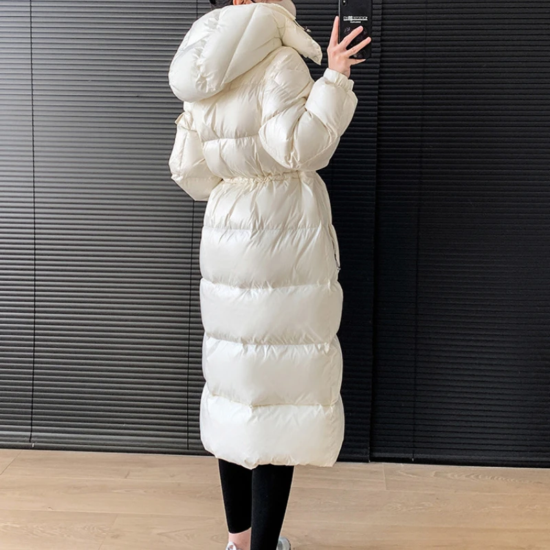 Women\'s Winter Jacket Long Coats Down Glossy Casual Slim Waist Down Jackets Thickened Windproof Hooded Snow Female Puffer Coats