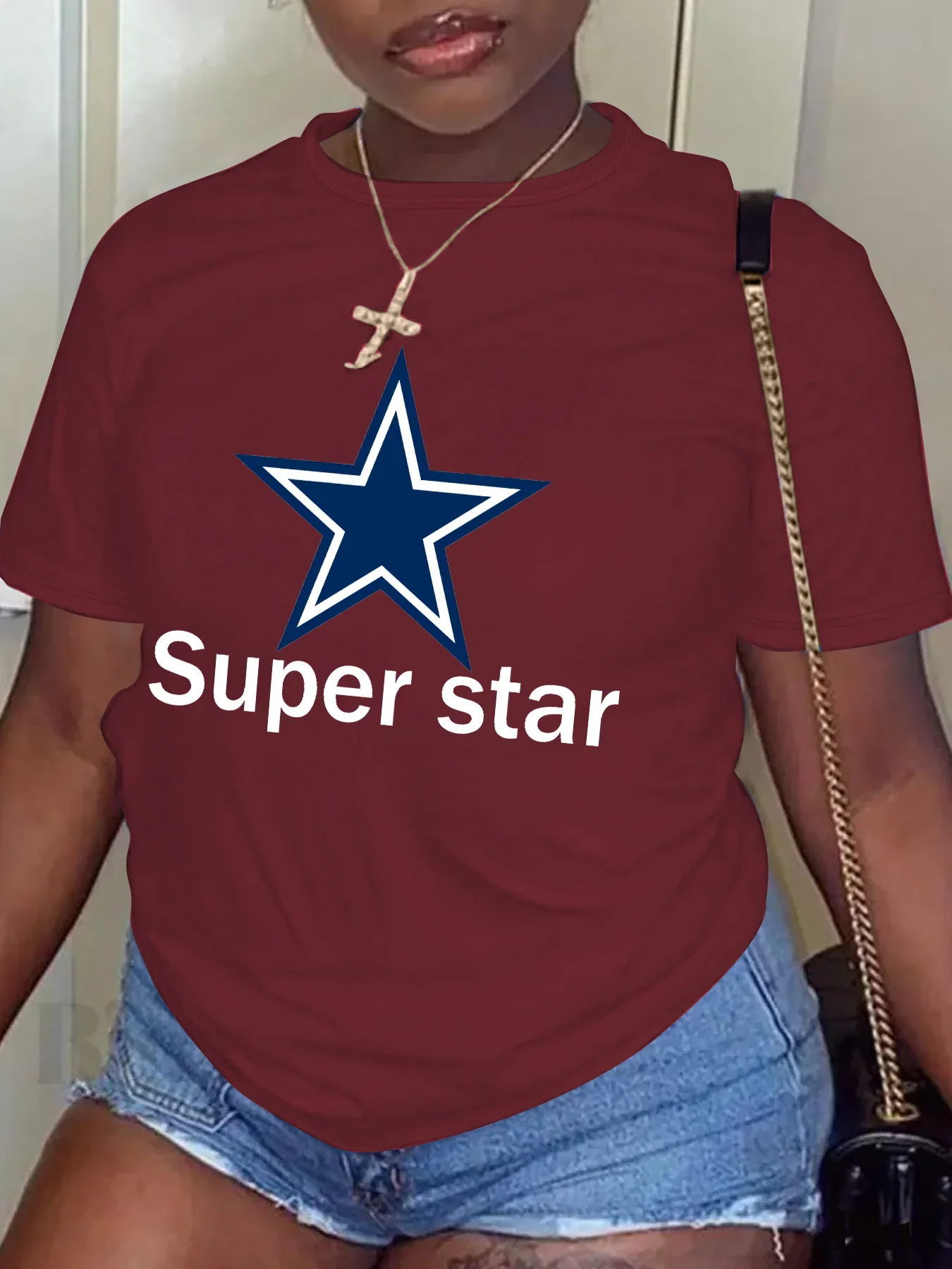 Plus rozmiar damski 6-kolorowy letni Casual z krótkim rękawem O-Neck z nadrukiem graficzny Pentagram litery Super Star t-shirty w dużych rozmiarach