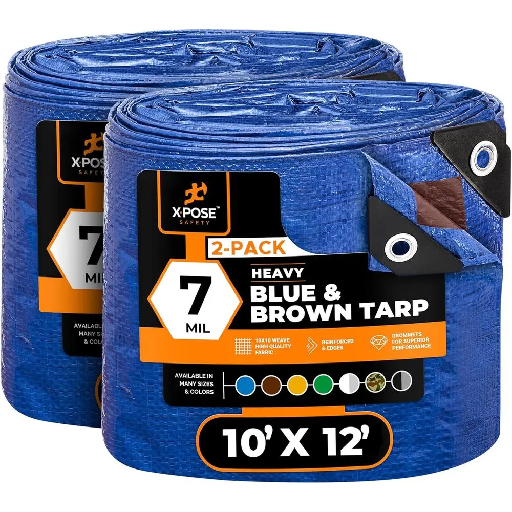 

10’ x 12’ (2-Pack) Heavy Blue/Brown Tarp Waterproo - 7 Mil Weatherproo Camping Tarp or Tent, Rain, Wind & Sun Plastic Tarpaulin