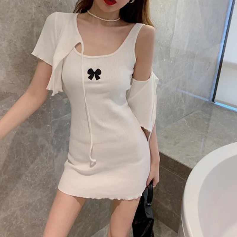 Fashionable And Sexy Hip-Covering Slim Fit Bow Sleeveless Dress Cardigan Two-Piece Set