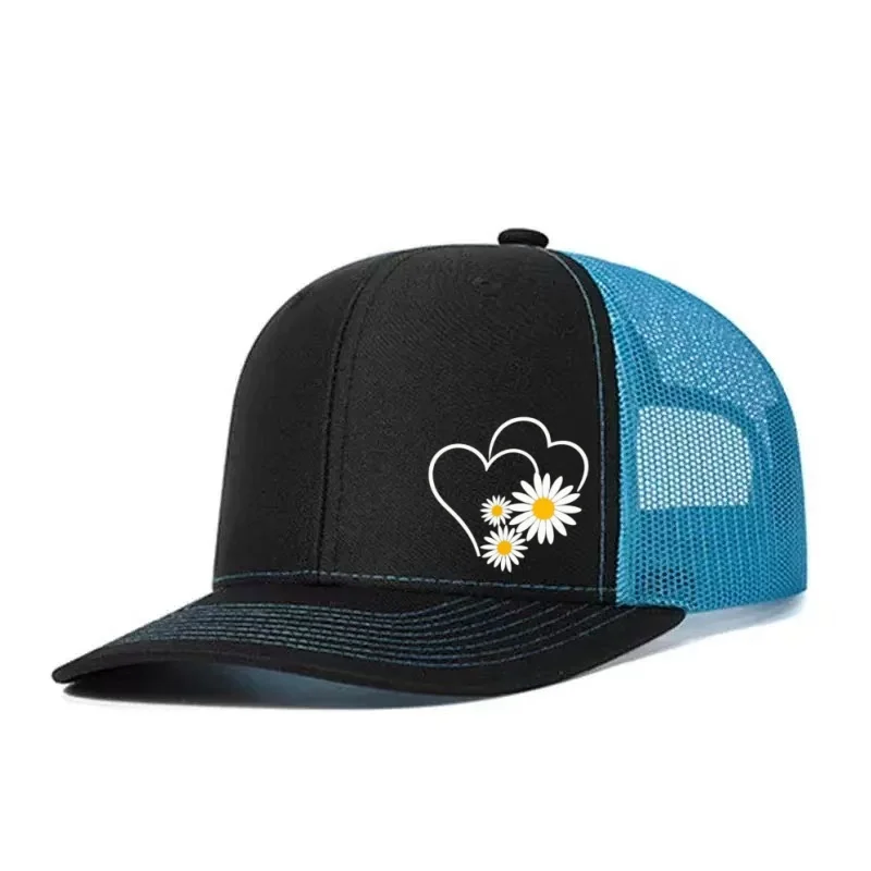 Heart Daisy Printed Adjustable Baseball Cap Snapback Dad Hat Breathable Trucker Mesh Hat Golf Fishing Outdoor Sun Cap