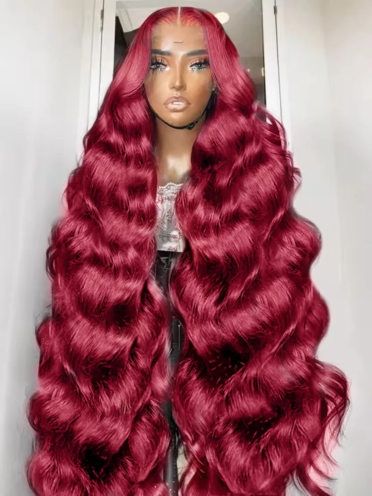 Le Mythe 99j burgundy 200 Density Body Wave 13x6 Lace Front Human Hair 13x4 30 34 Inch Red Lace Frontal Wigs Brazilian For Women