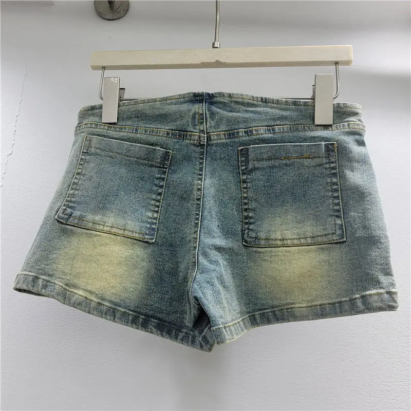 Spicy Girls Style Women's Hot Pants Summer Personalized Slim Denim Shorts Low-rise Vintage Blue Shorts with Metal Grommets