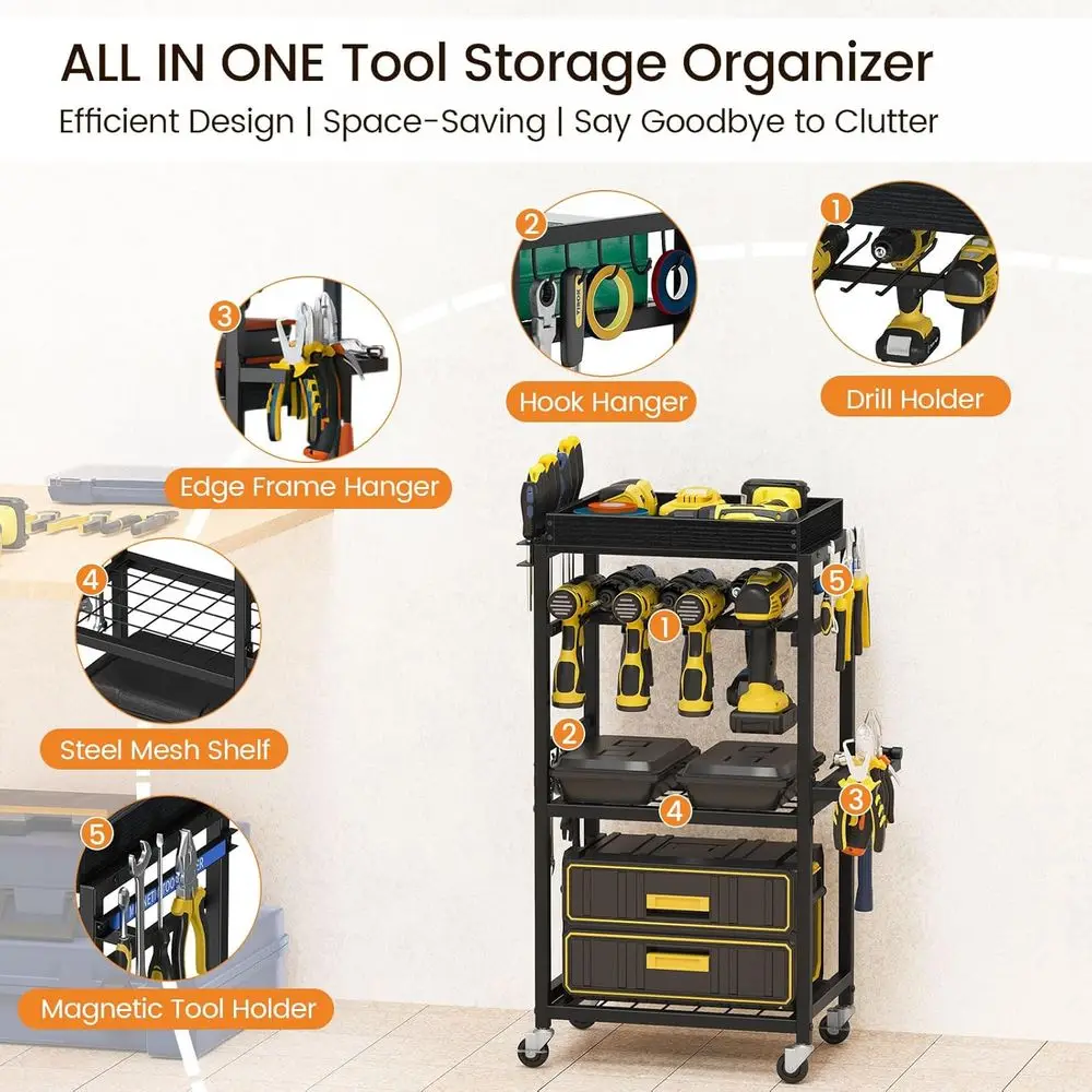 Carrello Portautensili a 4 Ripiani con Striscia Magnetica, Rack Mobile per Officina, Garage e Regalo per Uomini