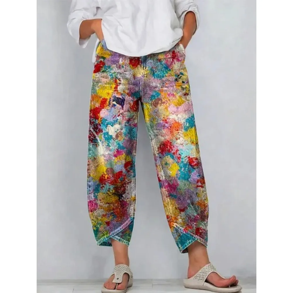Vintage-Haremshose mit Rosenmuster, kurz geschnitten, lockere Tulpenform, knöchellang, lässige Hose für Zuhause, Loungewear, Urlaub – Detail 7