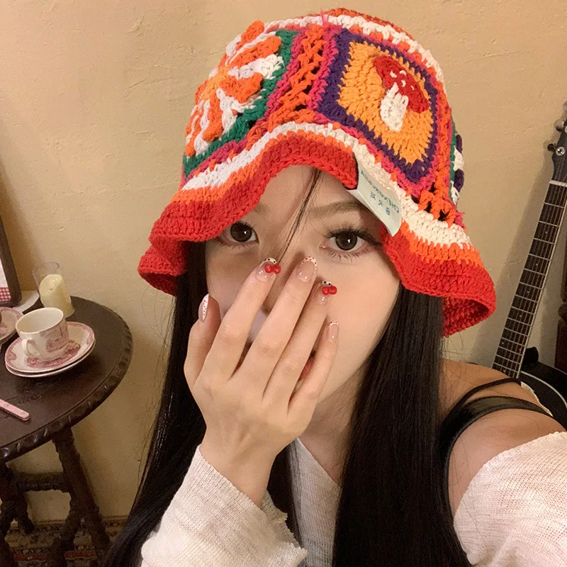 Handmade Crochet Bucket Hat Women Autumn Winter Flower Knit Beanies INS Korean Casual Beanies Panama Cap Fisherman Hat