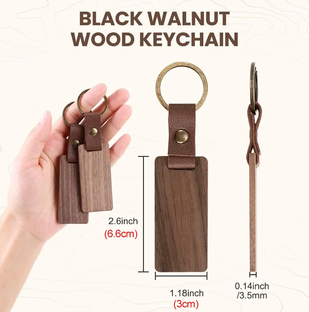 1PCS Free Custom Solid Wood Square Tag Key Chains Wooden Leather Car Keychain Accessories Fashion Bag Pendant Blank Wooden Card