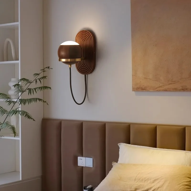 Wabi-sabi-Modern Style Walnut Wood Circular Wall Sconce Luz, minimalista, quarto, cabeceira, estar, sala de jantar