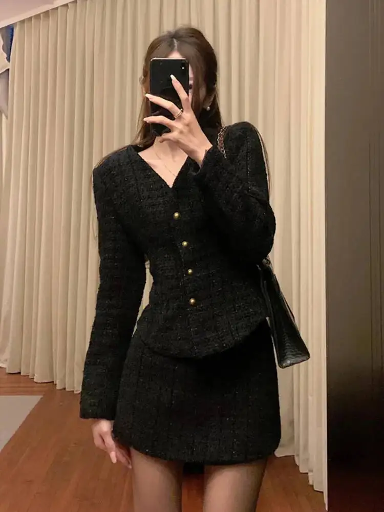 

Women Jackets Coat + Skirt Suit Conjuntos Femininos Elegantes 2 Piece Sets Women Outfit High Quality Vintage Tweed Two Piece Set