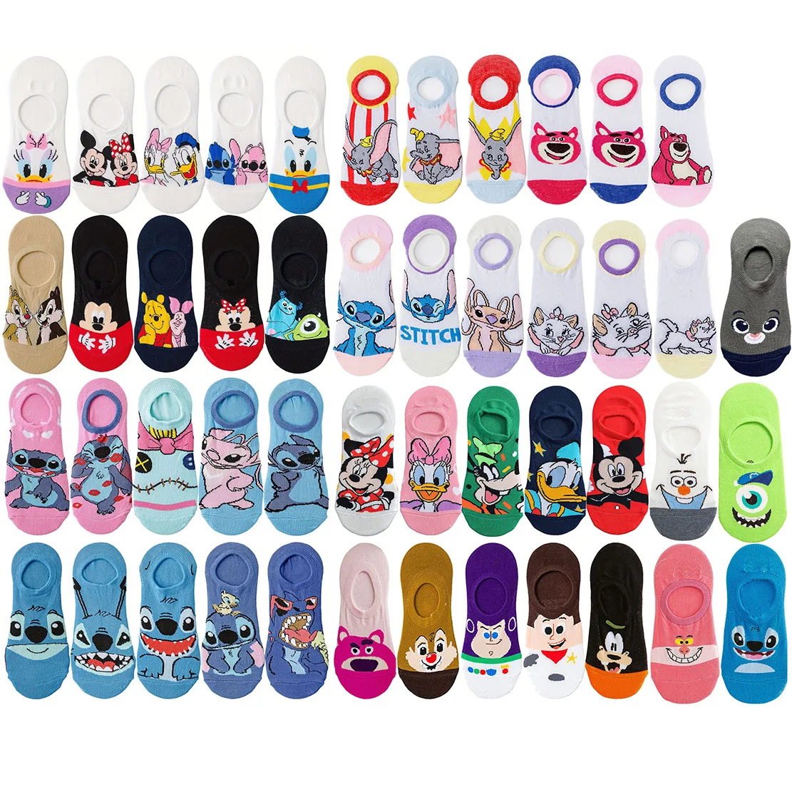 20 pares de calcetines de Anime de moda urbana Miniso Disney Hip Hop de Color aleatorio para hombres y mujeres, calcetines invisibles divertidos e informales para barco corto