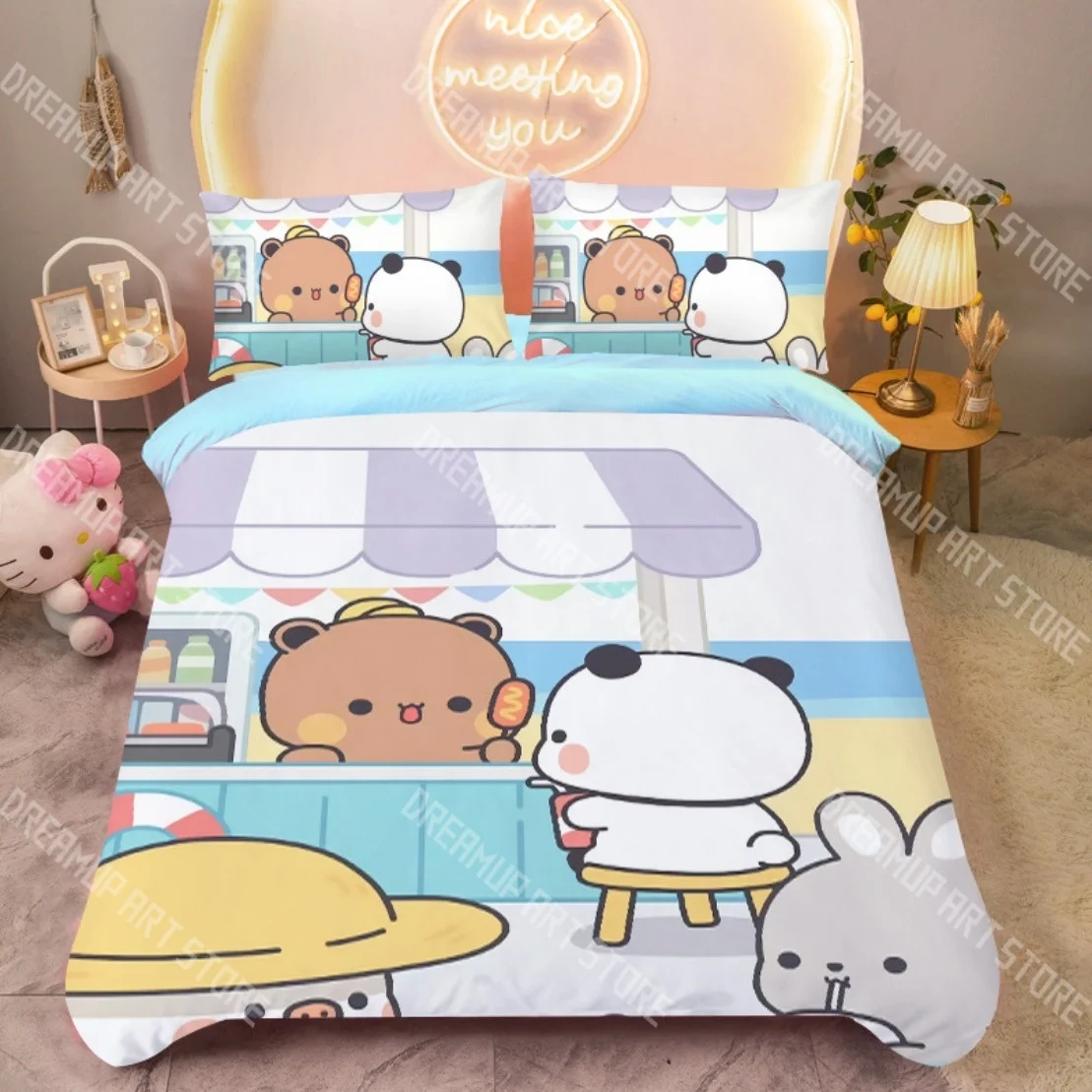 Fotografia 5: Moda bubu dudu dos desenhos animados urso panda conjunto de cama único gêmeo completo queen king size conjunto cama crianças quarto conjunto capa edredão