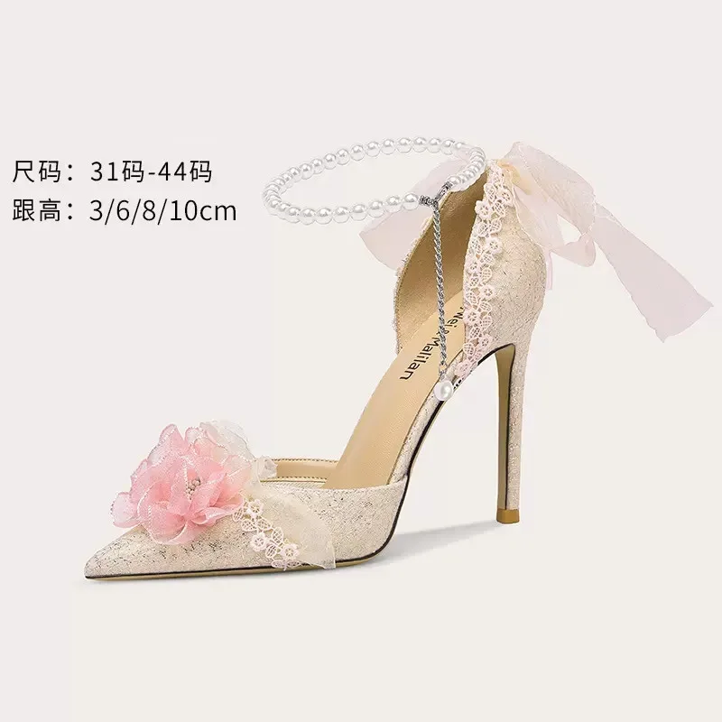 

Spring and summer new pointy lace sequin pearl flower sandals thin high heels banquet dress large and small women's single shoes